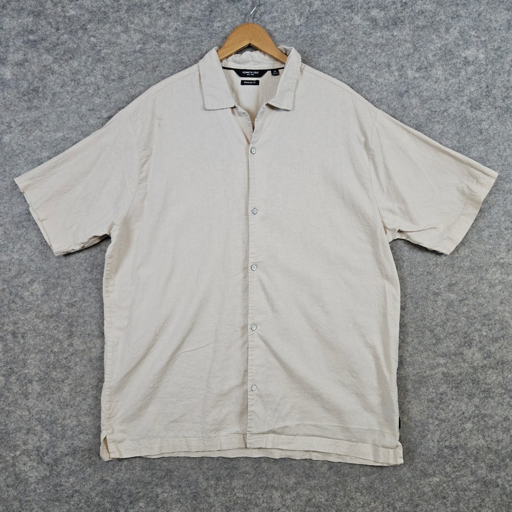 Kenneth Cole Mens Beige Size 2X Linen/Cotton Blend Button Up Shirt Preppy SMUDGE